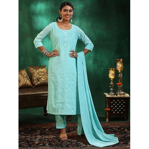 Libas Womens Embroidered Silk Blend Straight Kurta With Palazzos And Dupatta