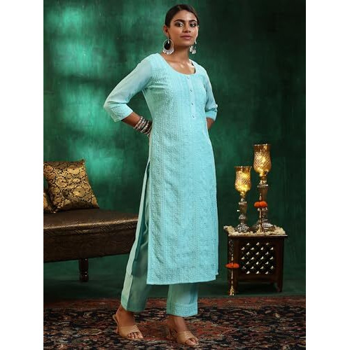 Libas Womens Embroidered Silk Blend Straight Kurta With Palazzos And Dupatta