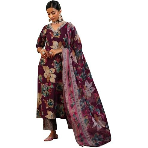 Libas Womens Printed Silk Blend Straight Kurta With Trousers And Dupatta