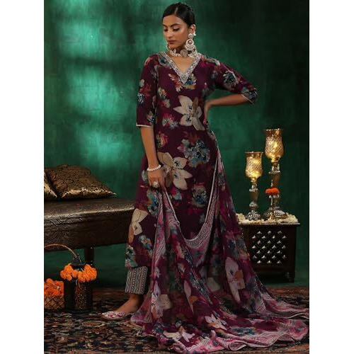 Libas Womens Printed Silk Blend Straight Kurta With Trousers And Dupatta