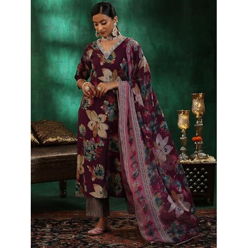 Libas Womens Printed Silk Blend Straight Kurta With Trousers And Dupatta