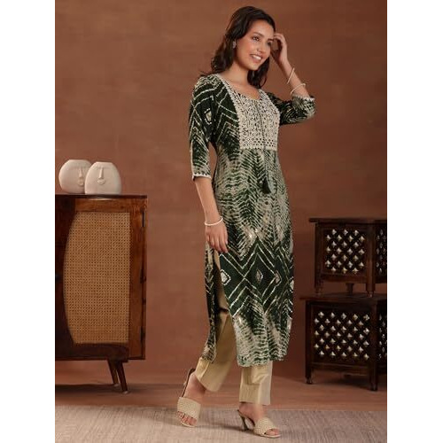 Libas Women's Silk Printed Regular Kurta (29249 Green
