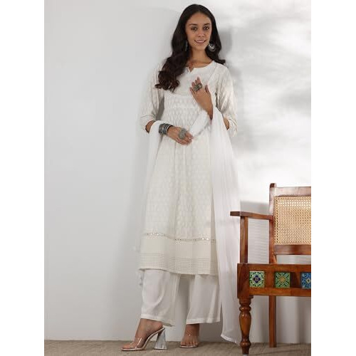 Libas White Pure Cotton Embroidered Kurta Sets For Women