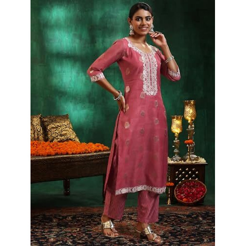 Libas Women's Silk Blend Kurta Sets (49125_Pink_Xl)