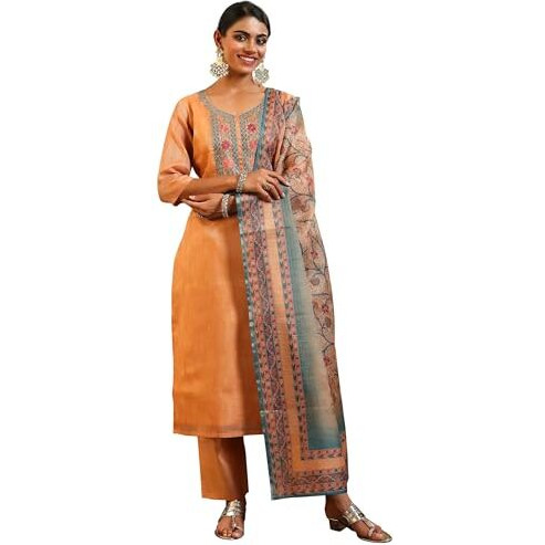 Libas Womens Yoke Design Silk Blend Straight Kurta With Trousers And Dupatta