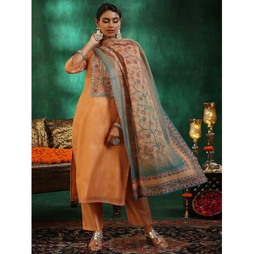 Libas Womens Yoke Design Silk Blend Straight Kurta With Trousers And Dupatta