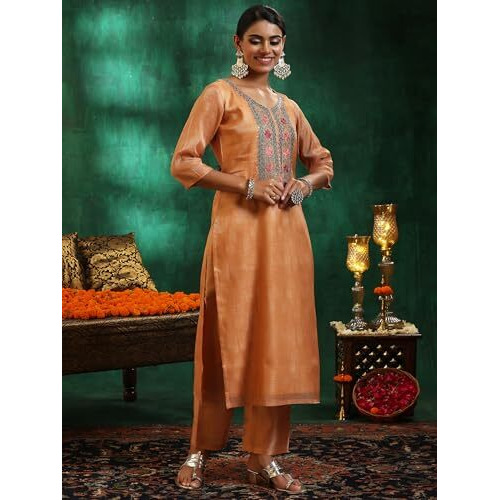Libas Womens Yoke Design Silk Blend Straight Kurta With Trousers And Dupatta
