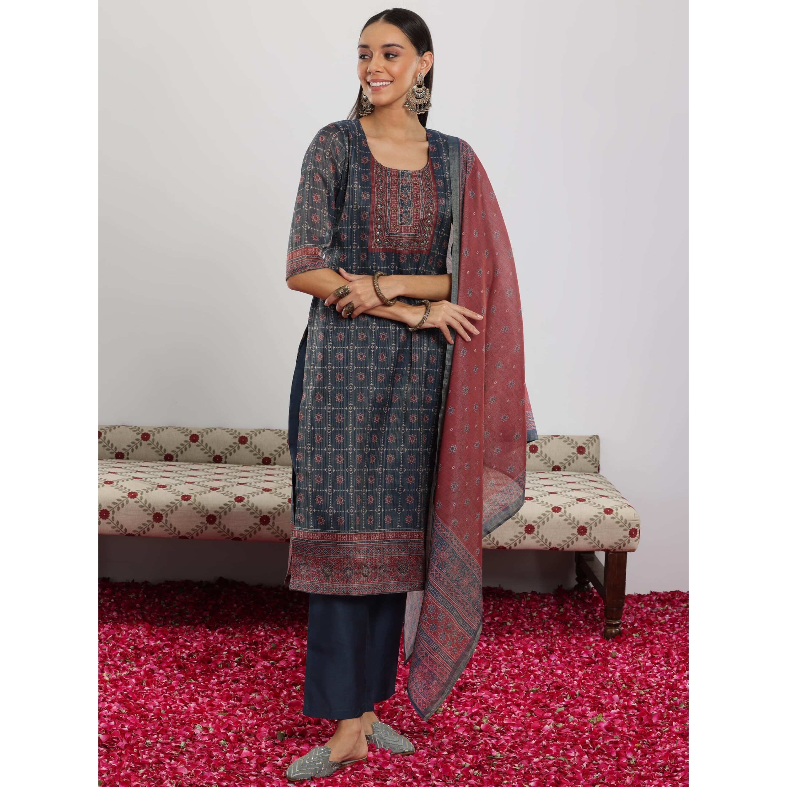 Libas Womens Printed Silk Blend Straight Kurta With Trousers And Dupatta