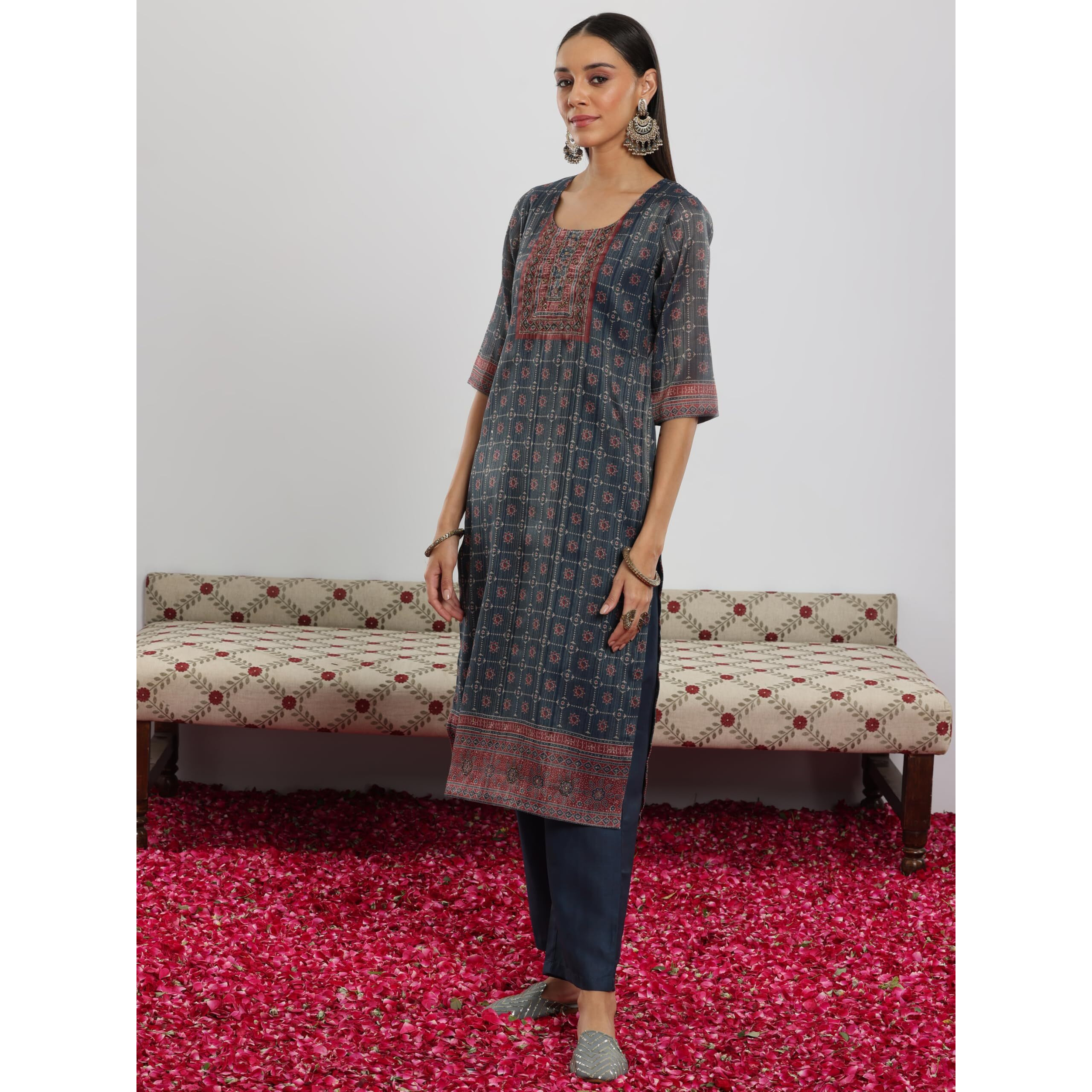 Libas Womens Printed Silk Blend Straight Kurta With Trousers And Dupatta