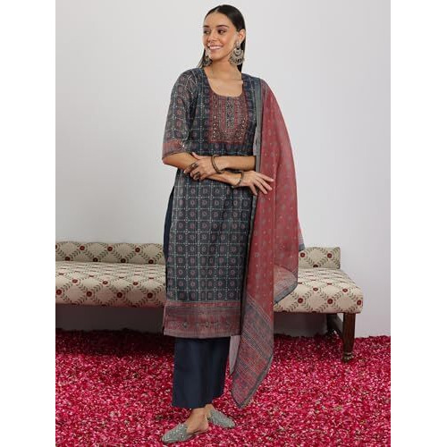 Libas Womens Printed Silk Blend Straight Kurta With Trousers And Dupatta