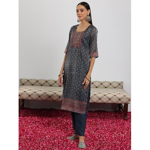 Libas Womens Printed Silk Blend Straight Kurta With Trousers And Dupatta