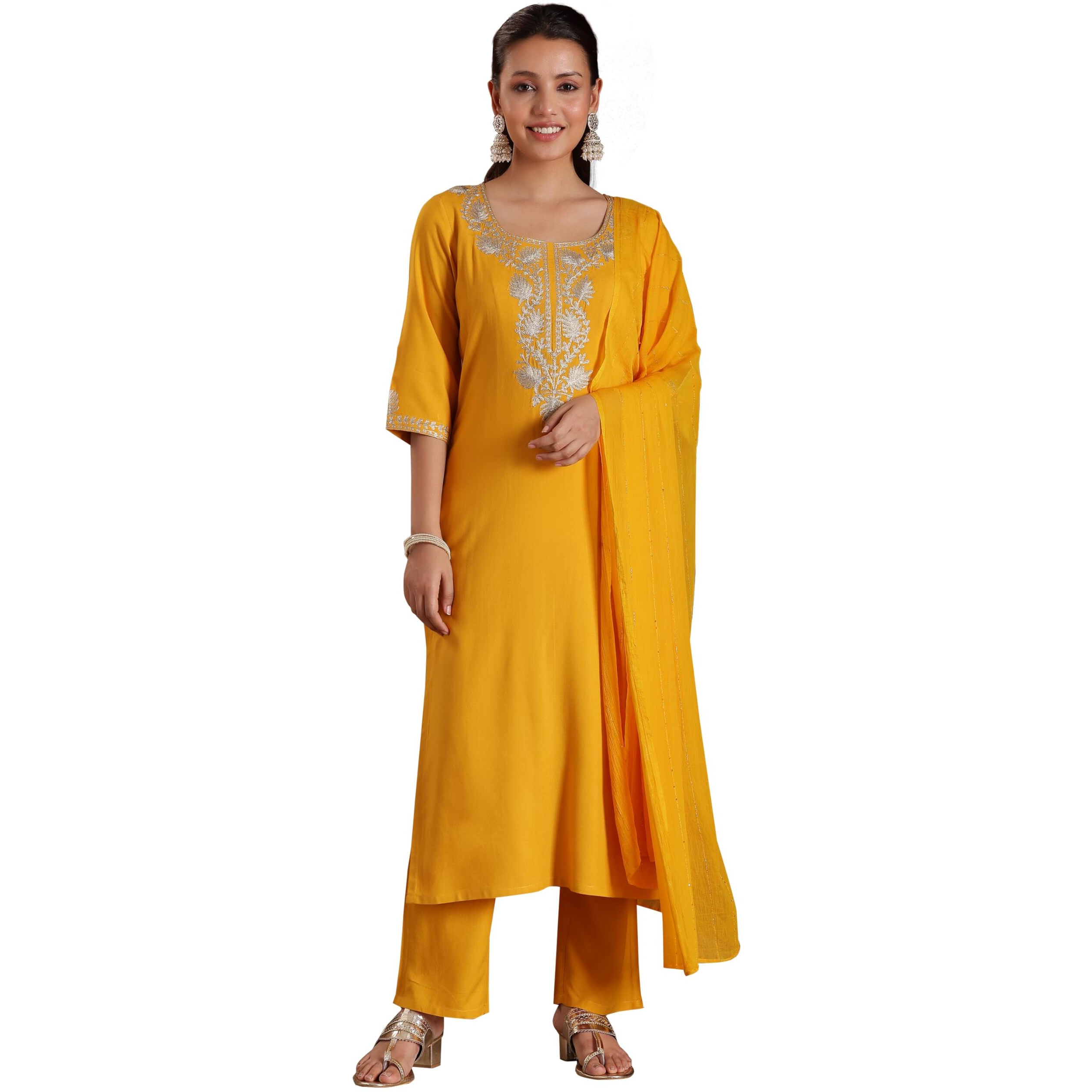 Libas Womens Yoke Design Viscose Straight Kurta With Trousers And Dupatta