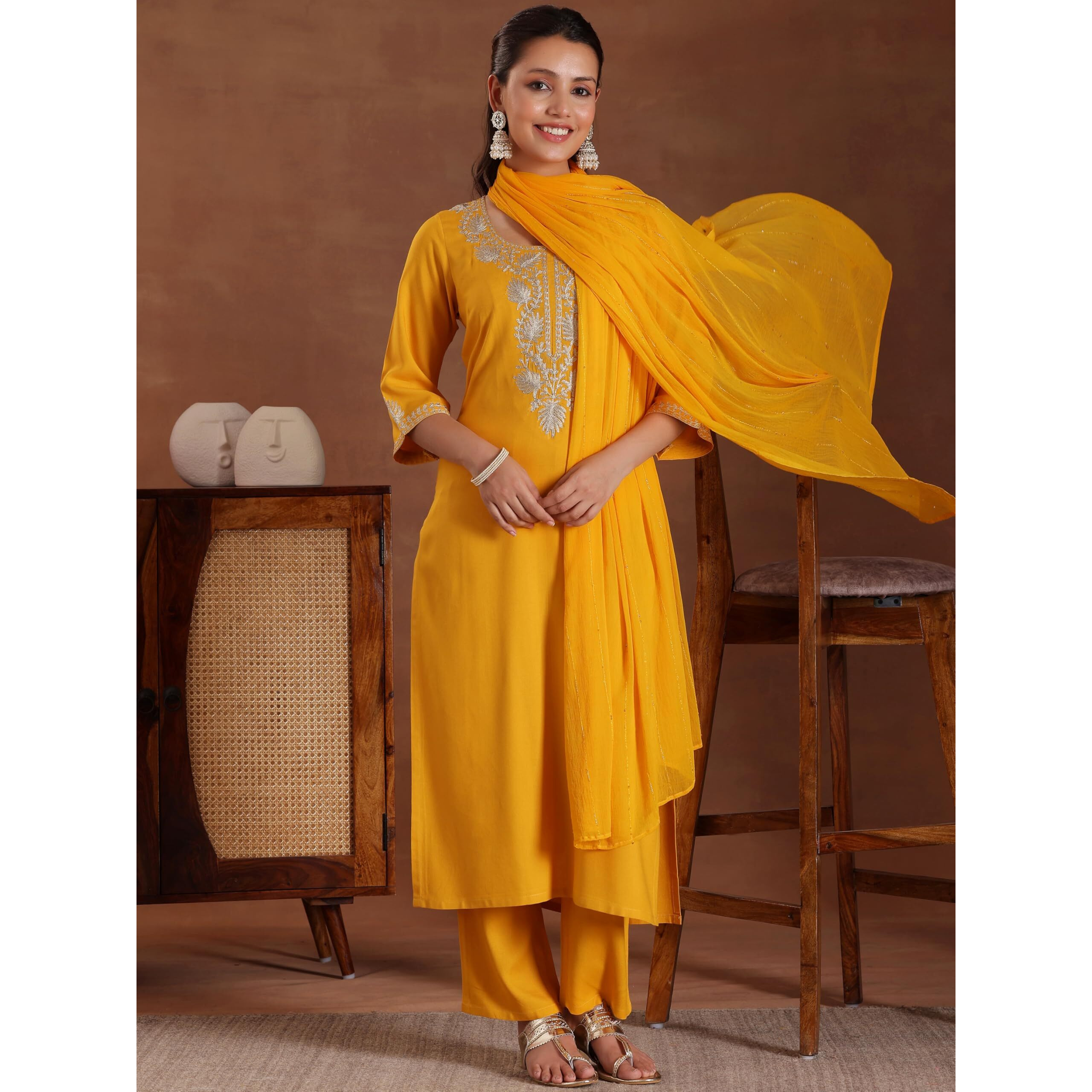 Libas Womens Yoke Design Viscose Straight Kurta With Trousers And Dupatta
