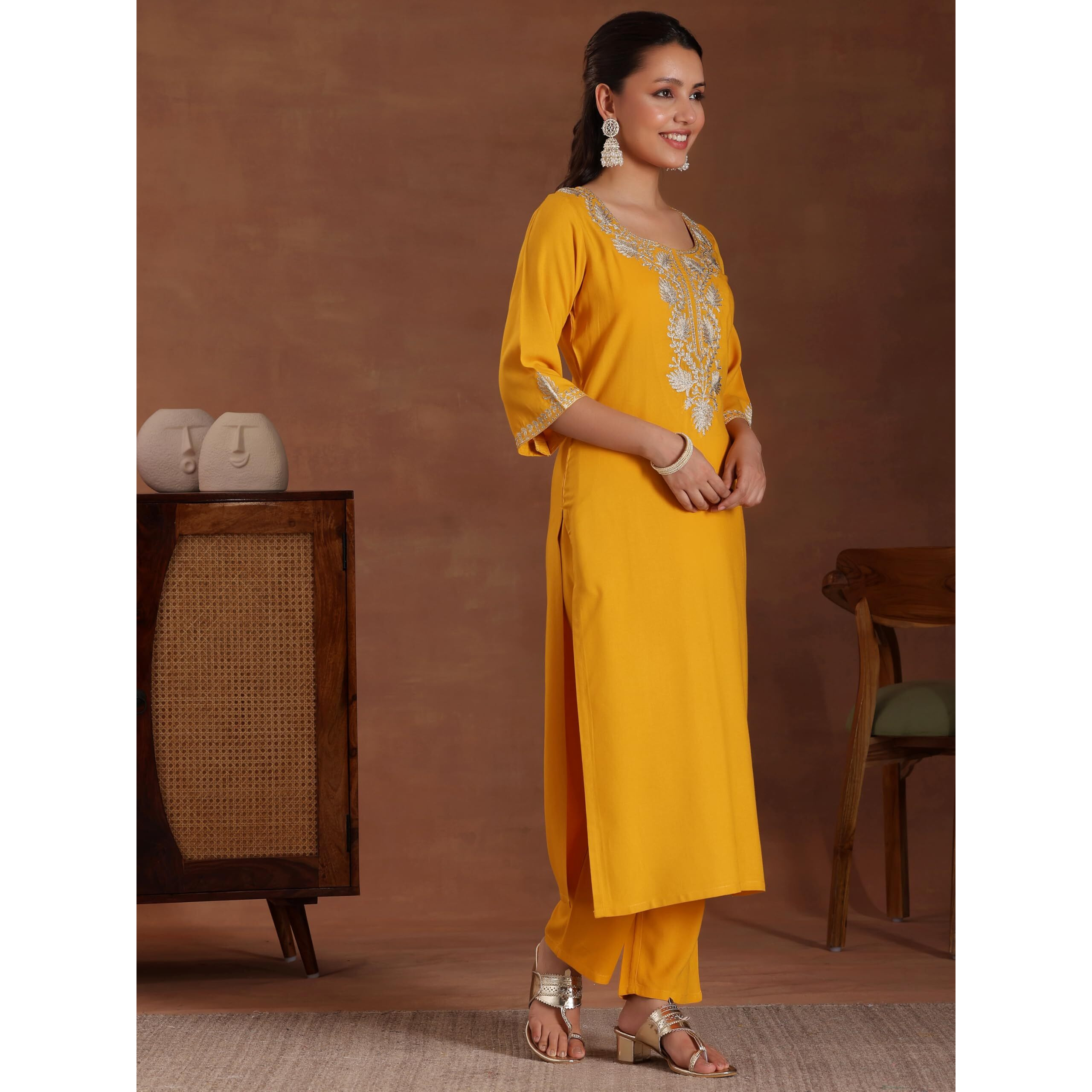 Libas Womens Yoke Design Viscose Straight Kurta With Trousers And Dupatta