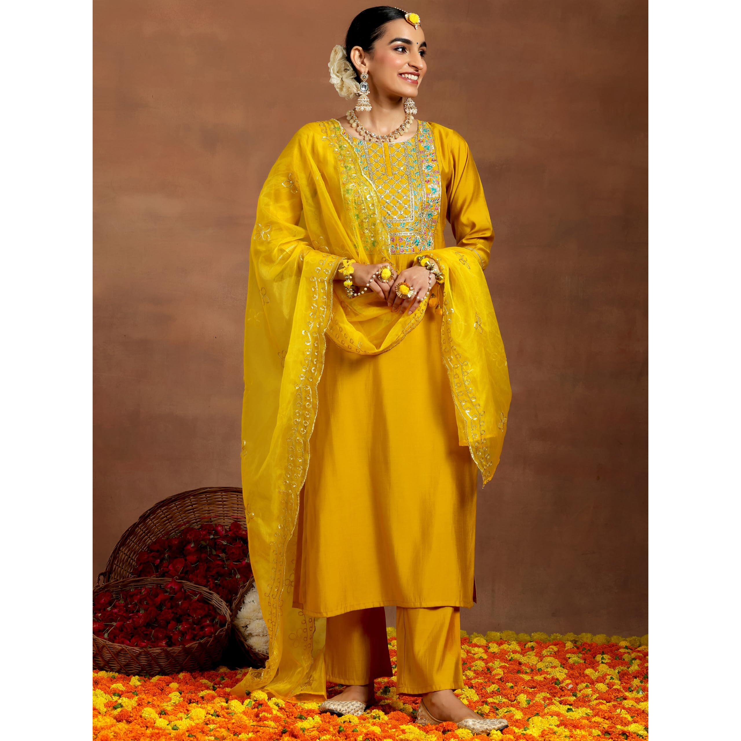 Libas Gerua Womens Yoke Design Silk Blend Straight Kurta With Trousers And Dupatta