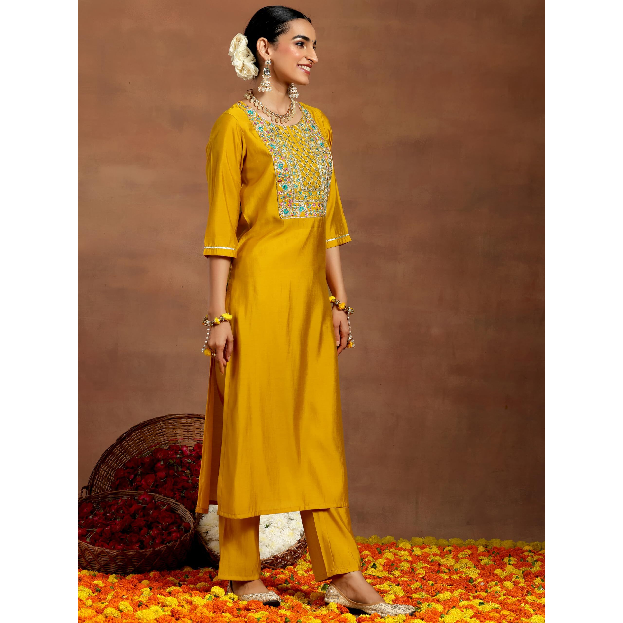 Libas Gerua Womens Yoke Design Silk Blend Straight Kurta With Trousers And Dupatta