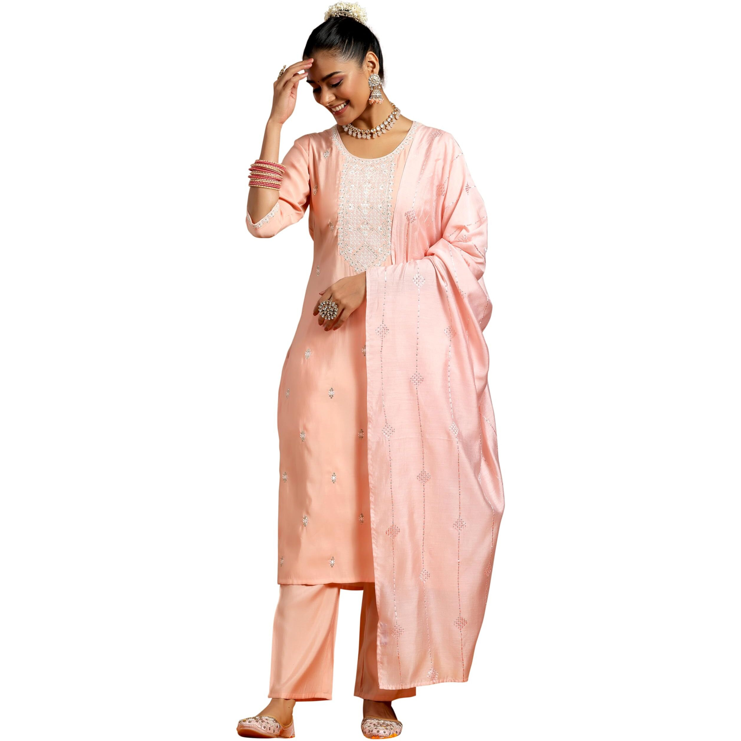 Libas Women's Silk Blend Yoke Design Kurta Set (Gs980_Peach
