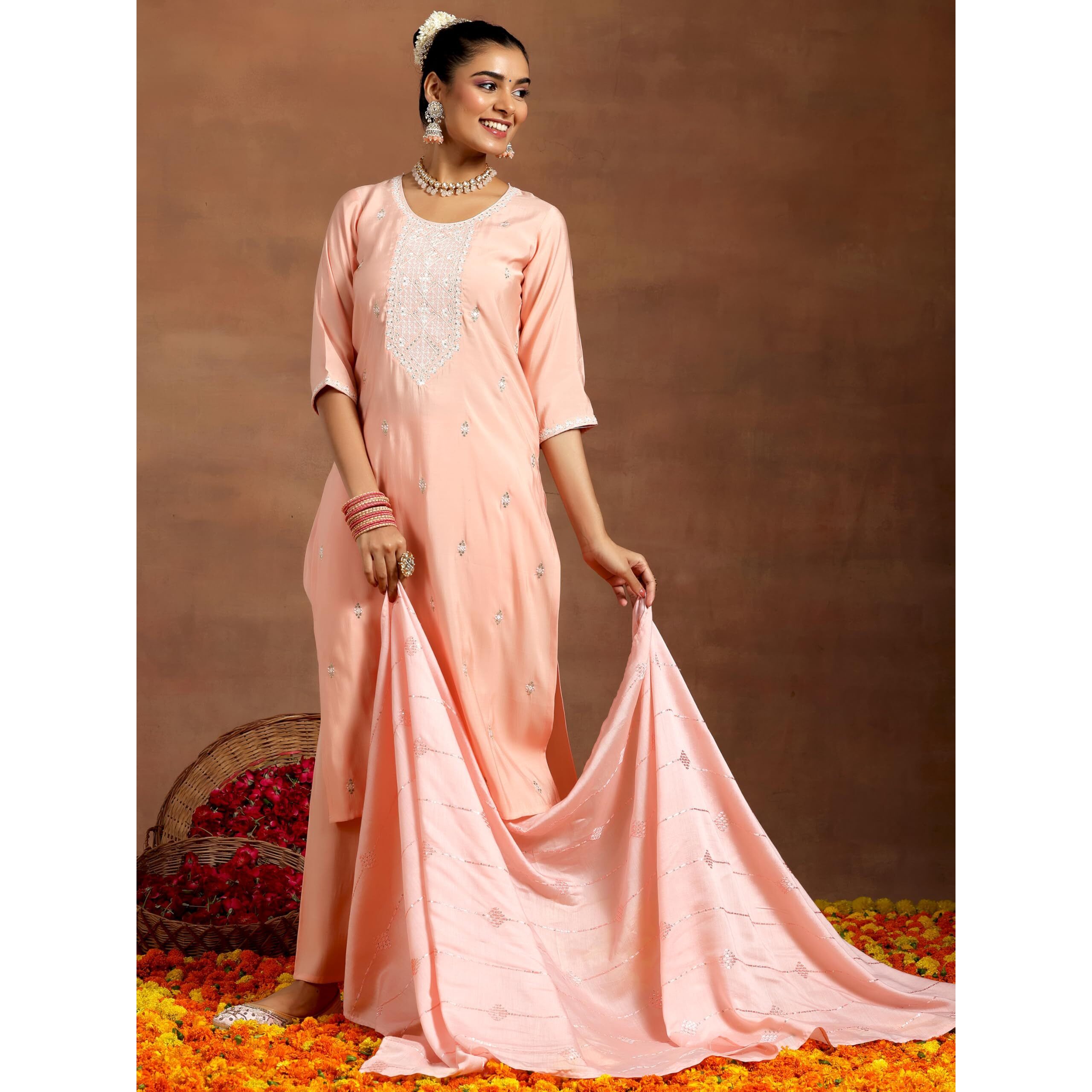 Libas Women's Silk Blend Yoke Design Kurta Set (Gs980_Peach