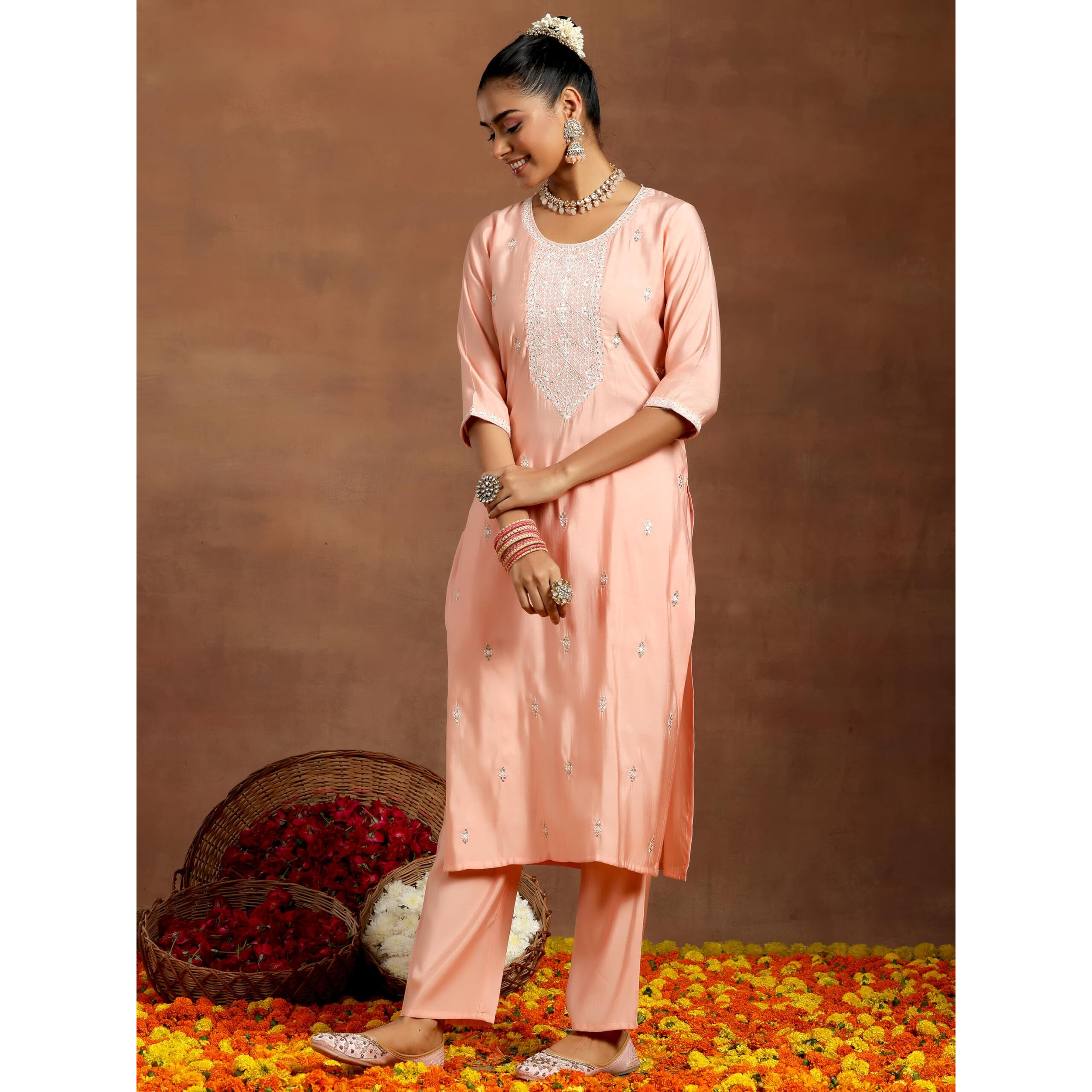 Libas Women's Silk Blend Yoke Design Kurta Set (Gs980_Peach