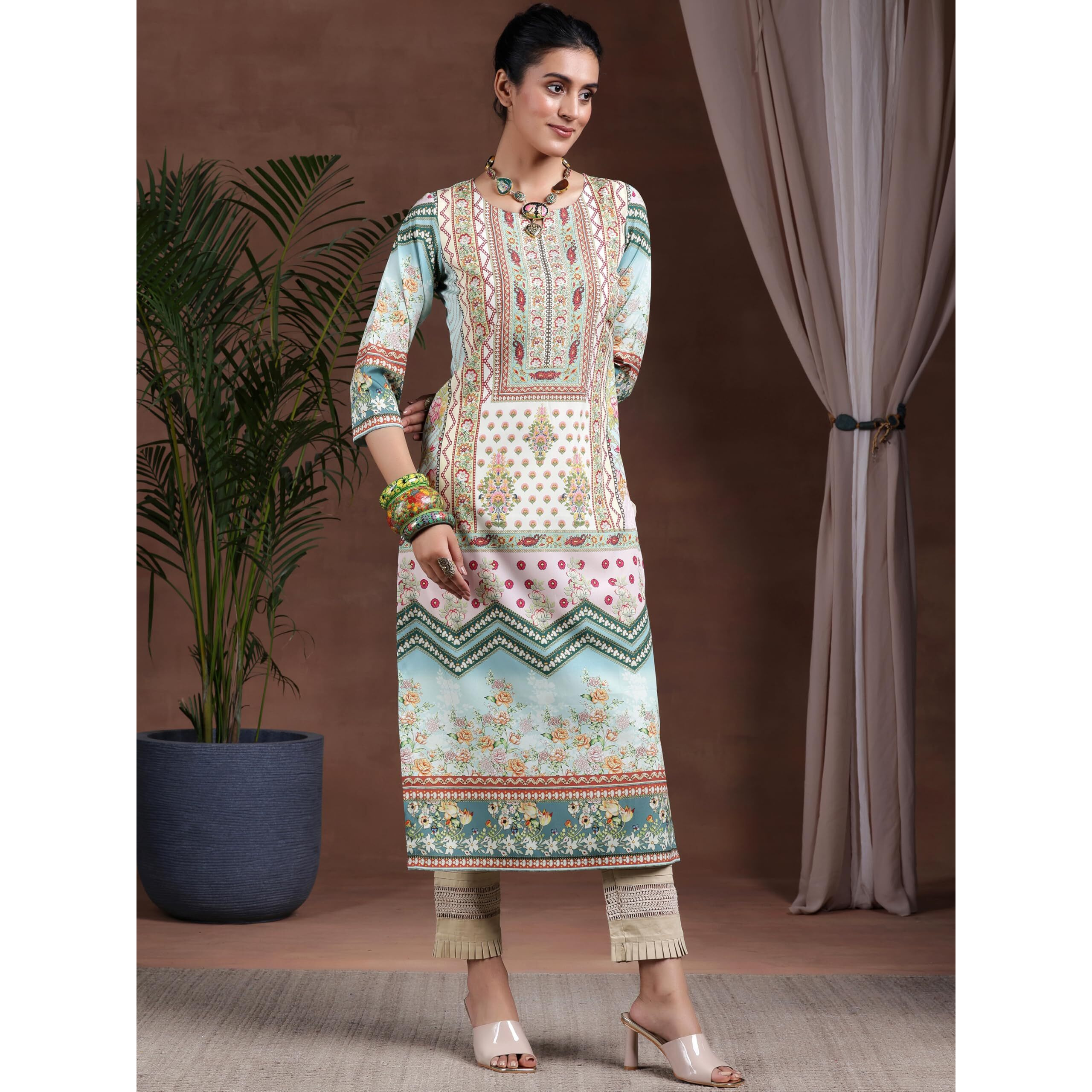 Libas Women's Crepe Printed Straight Kurta (29264 Sea Green