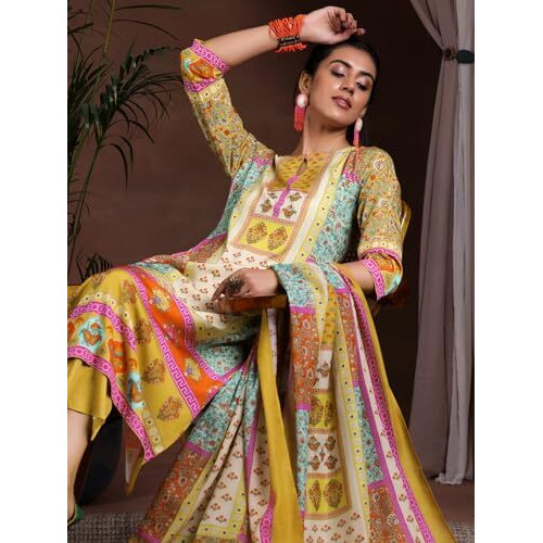 Libas Womens Printed Crepe Straight Kurta With Trousers And Dupatta