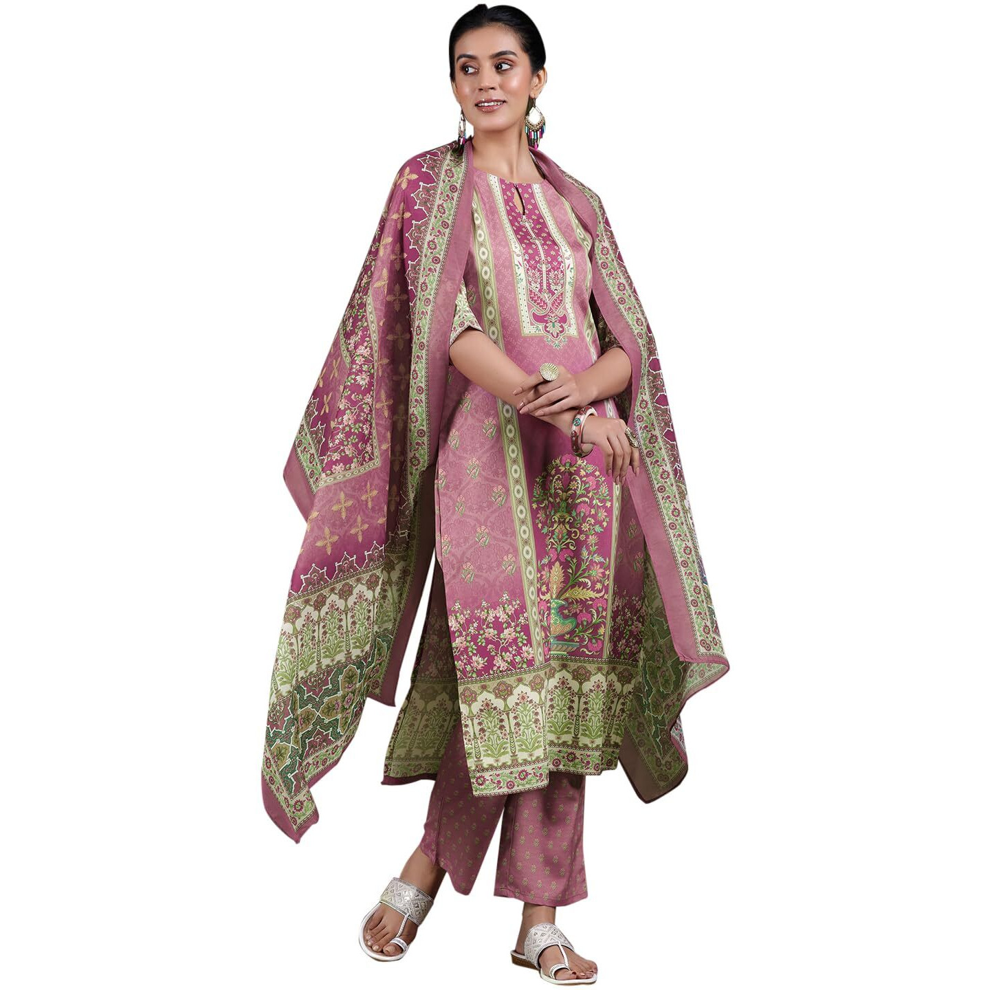 Libas Womens Printed Crepe Straight Kurta With Trousers And Dupatta