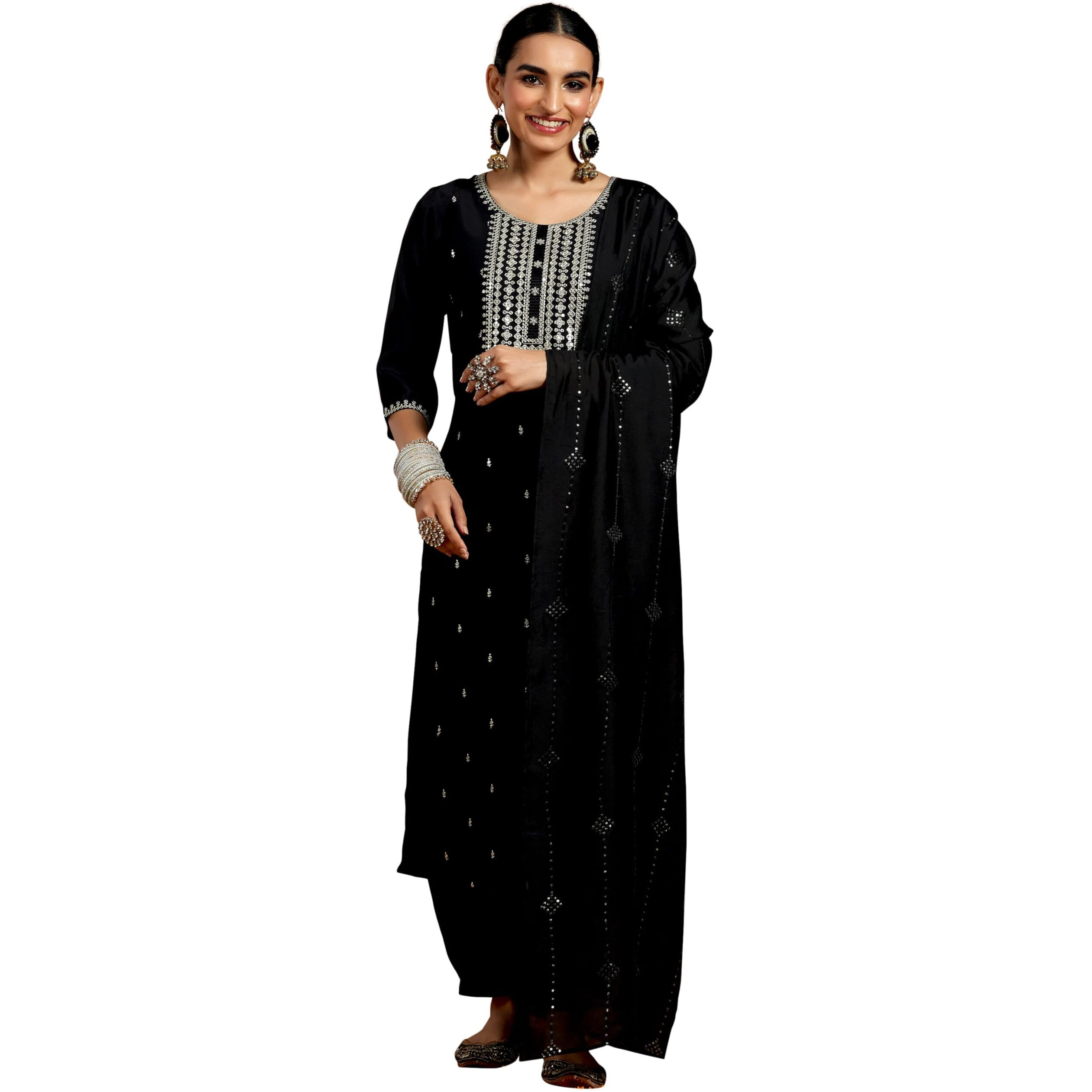 Libas Gerua Womens Embroidered Silk Blend Straight Kurta With Salwar And Dupatta