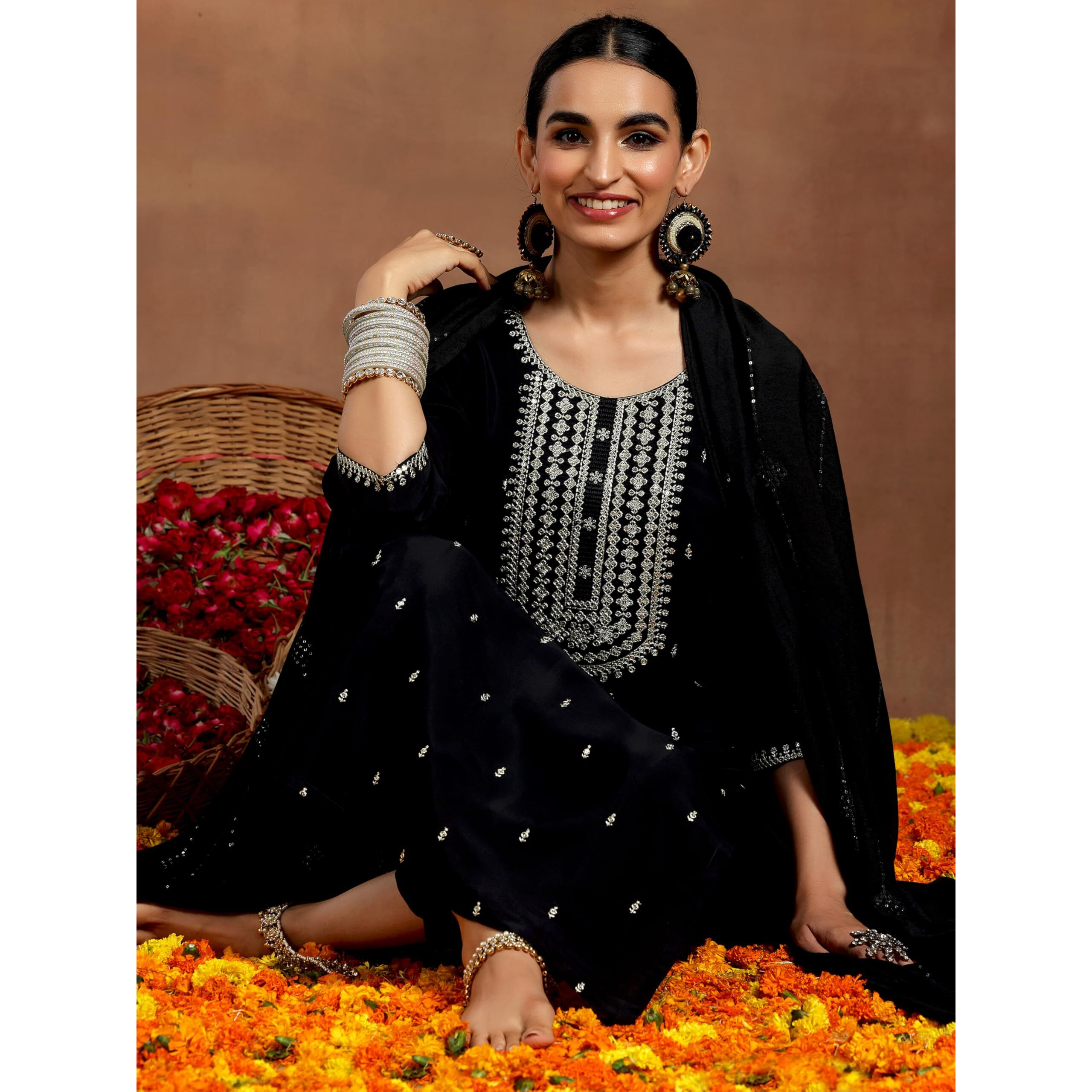 Libas Gerua Womens Embroidered Silk Blend Straight Kurta With Salwar And Dupatta