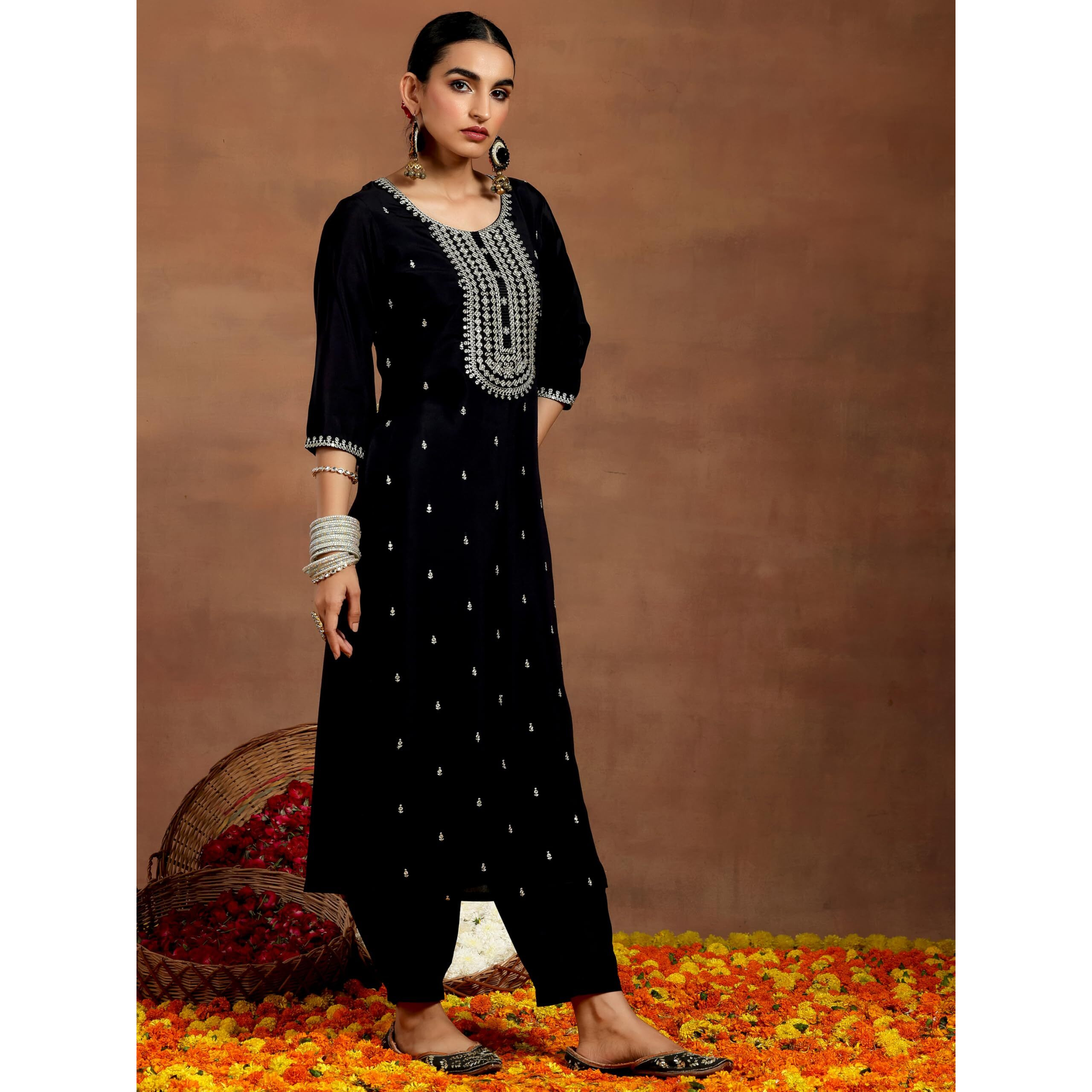 Libas Gerua Womens Embroidered Silk Blend Straight Kurta With Salwar And Dupatta