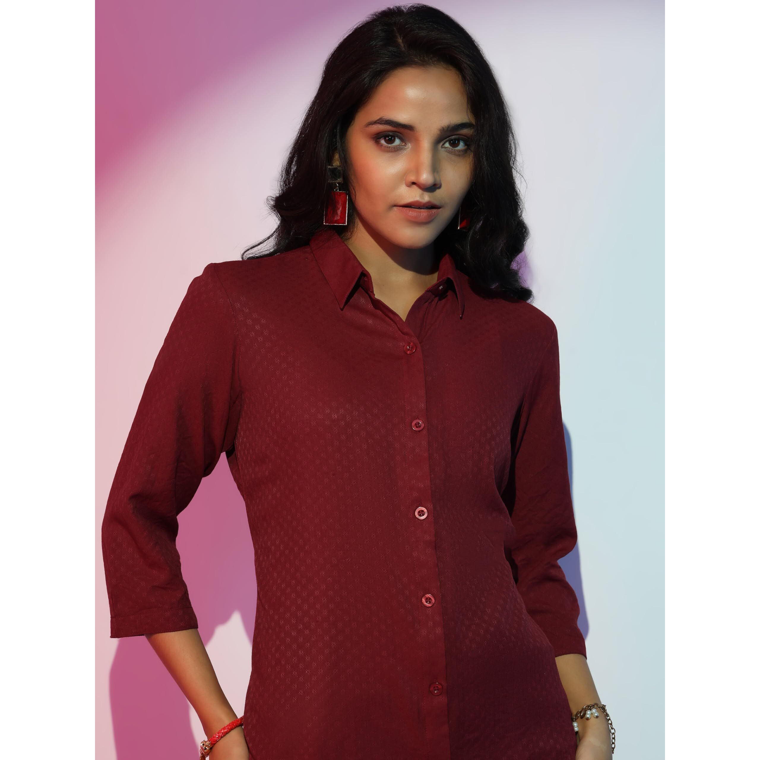 Libas Women's Self Design Straight Tunic Shirt (58202_Maroon