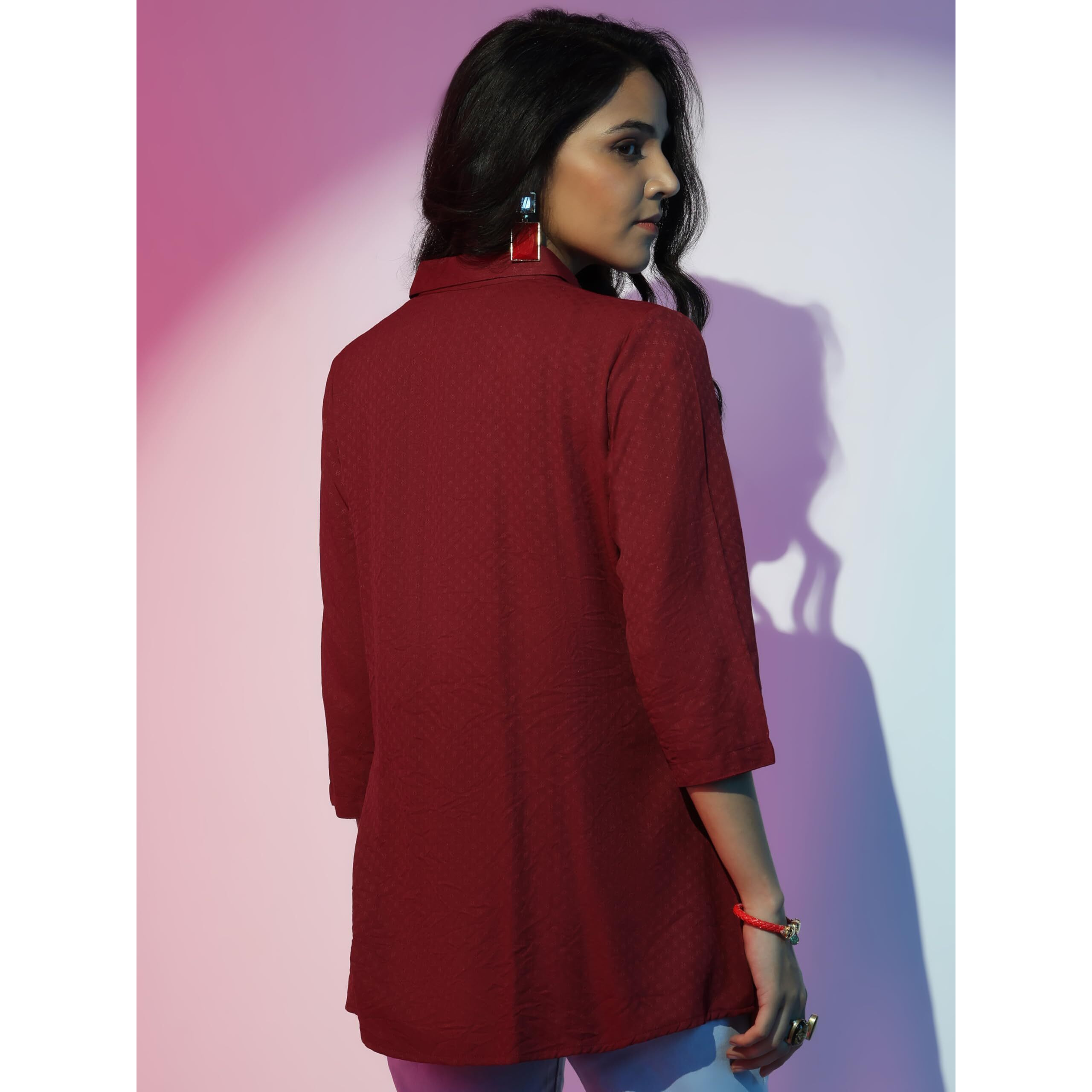 Libas Women's Self Design Straight Tunic Shirt (58202_Maroon