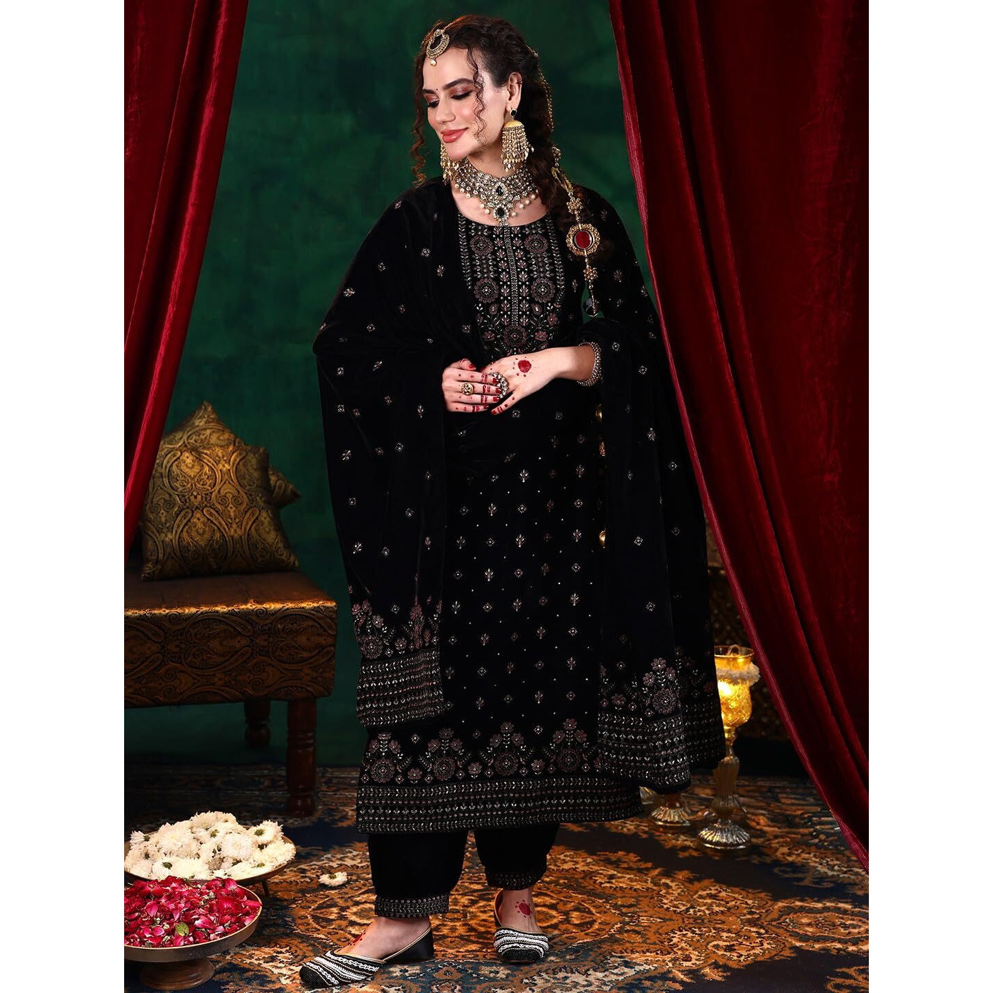 Libas Women's Velvet Kurta Set (36965_Black
