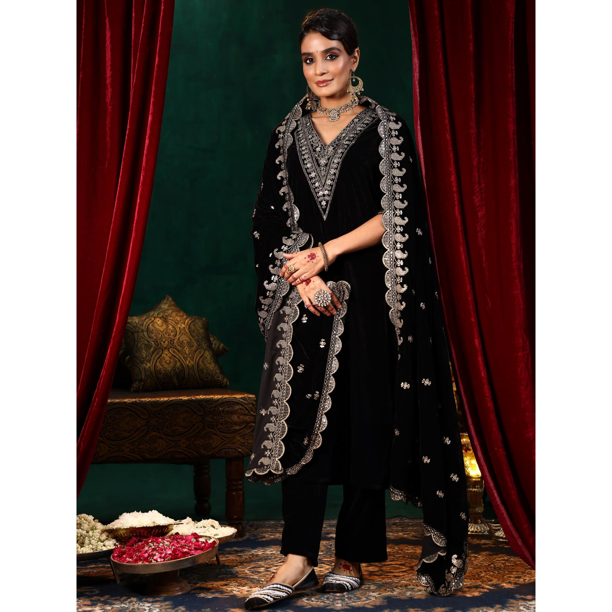 Libas Women's Velvet Kurta Set (36975_Black