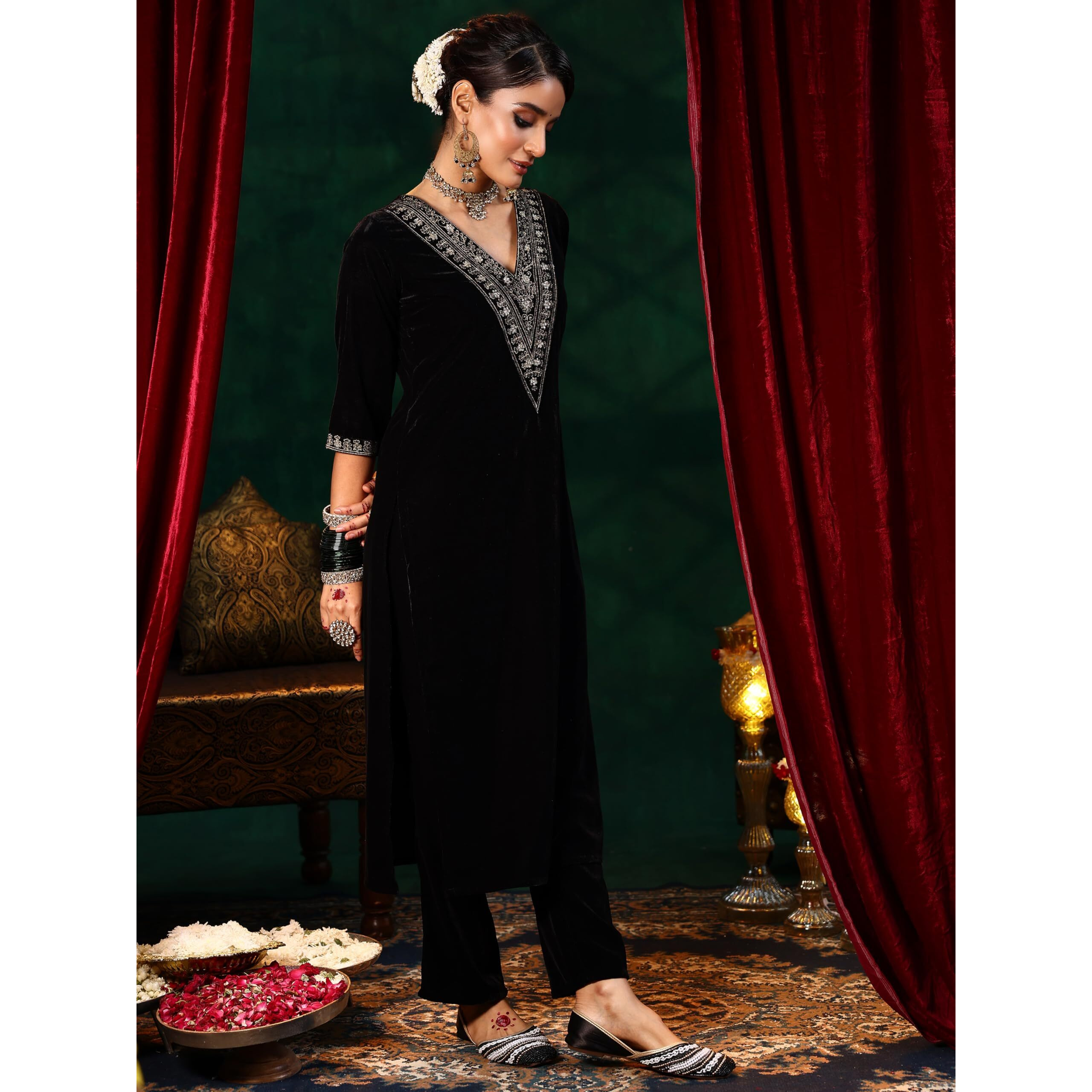 Libas Women's Velvet Kurta Set (36975_Black