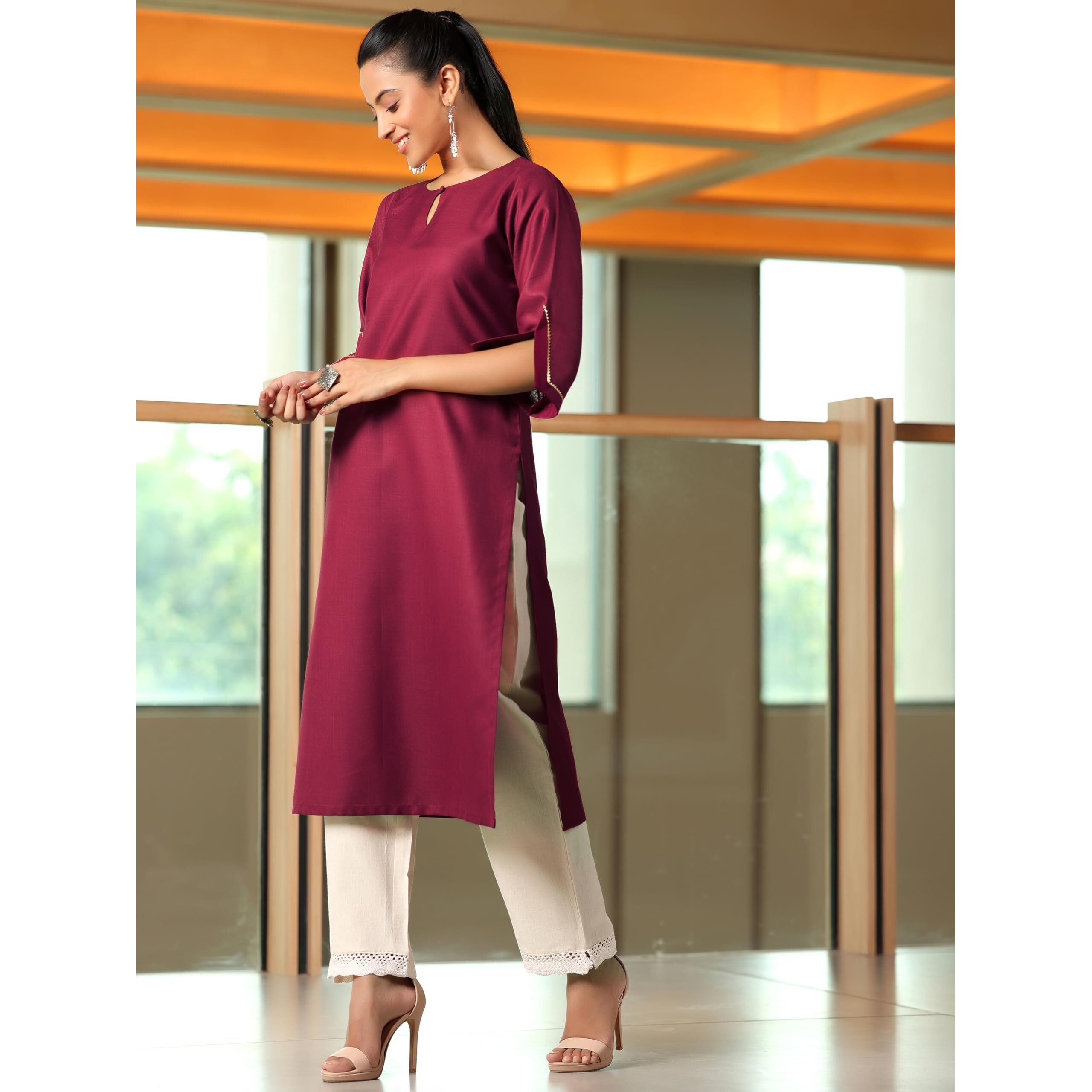 Libas Women's Silk Regular Kurta (29279_Maroon