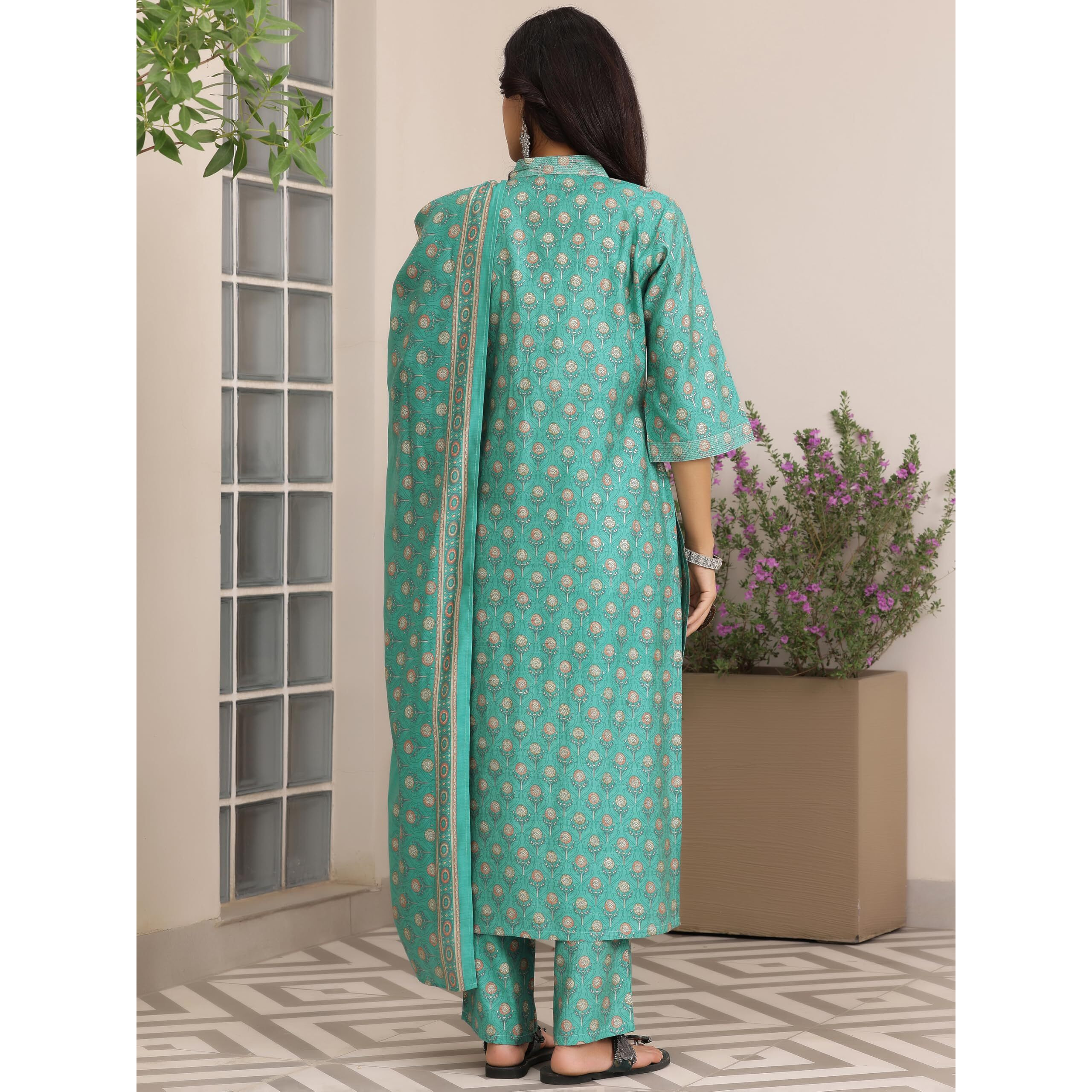 Libas Women's Silk Blend Printed Kurta Set (36981_Blue
