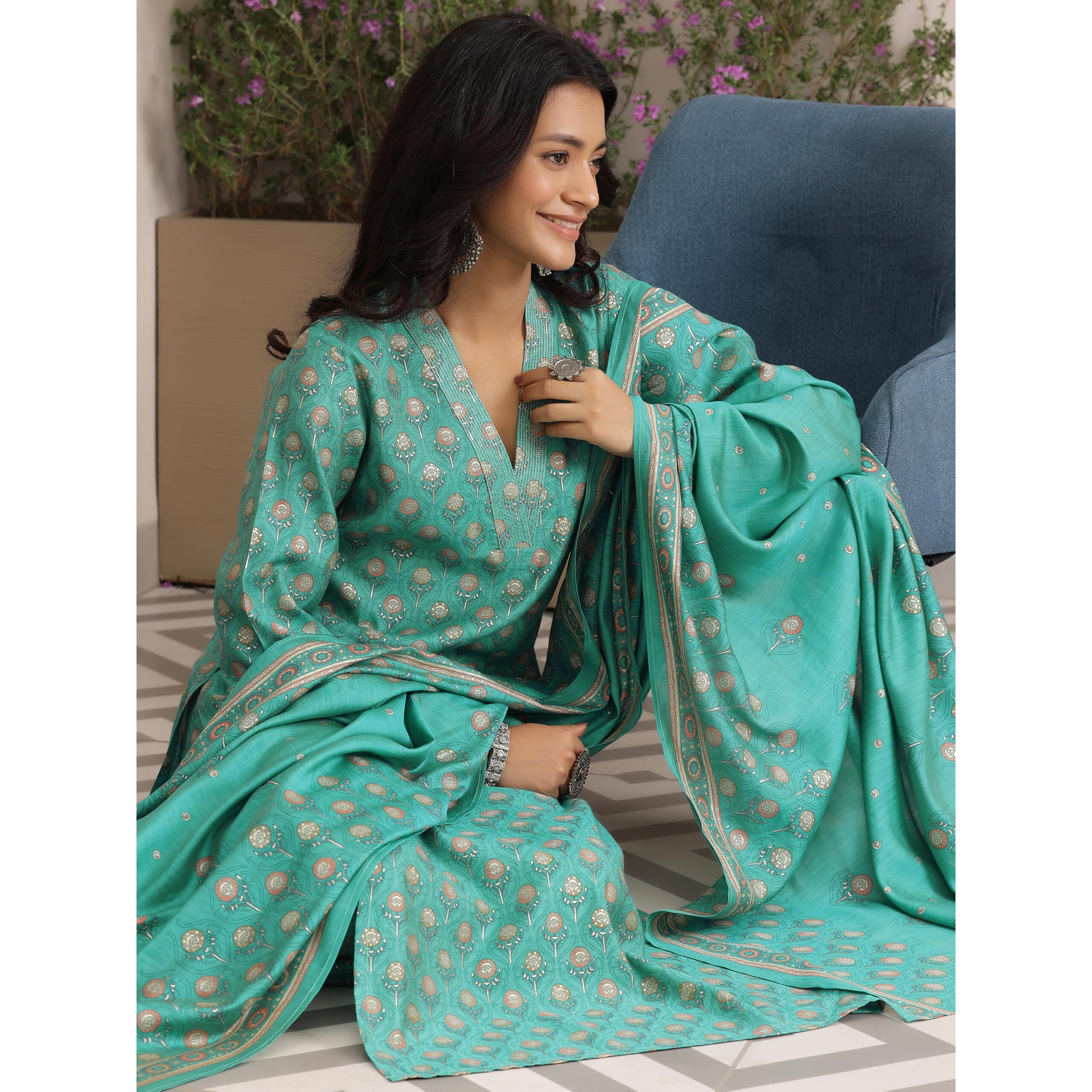Libas Women's Silk Blend Printed Kurta Set (36981_Blue