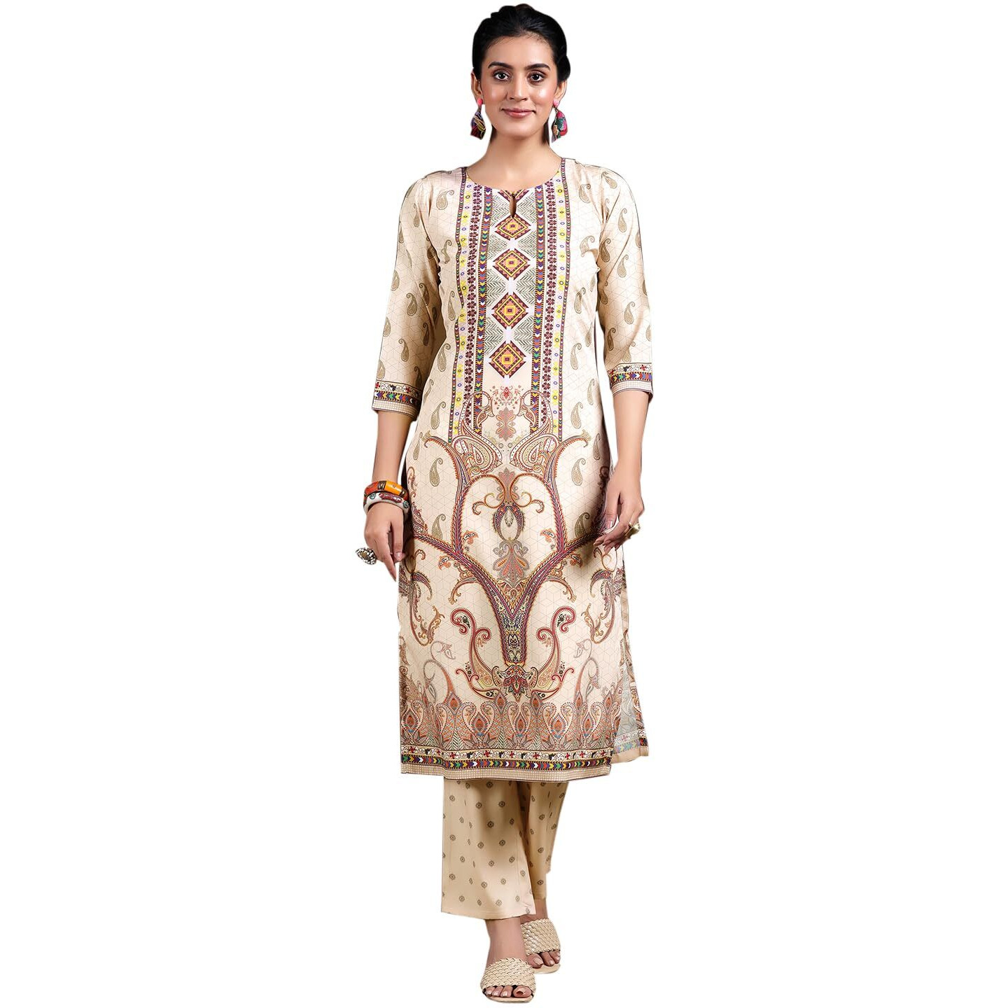 Libas Women's Poly Crepe Printed Kurta Set (39003 Beige