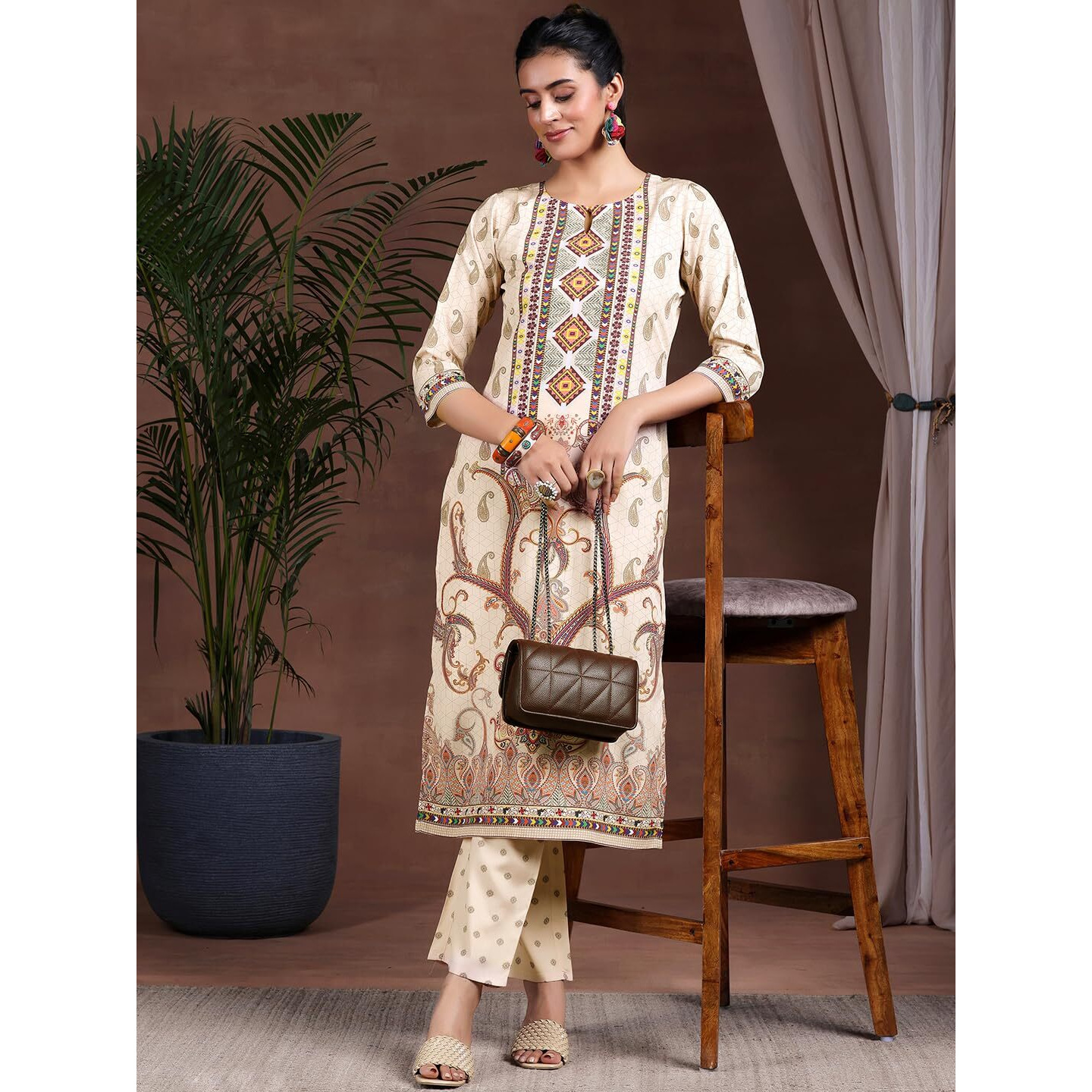 Libas Women's Poly Crepe Printed Kurta Set (39003 Beige