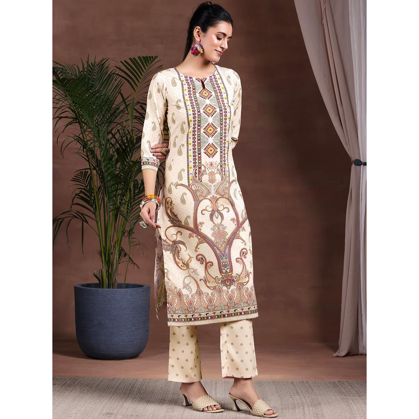 Libas Women's Poly Crepe Printed Kurta Set (39003 Beige