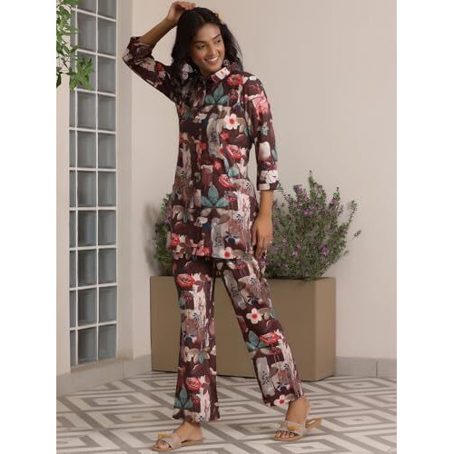 Libas Women's Silk Blend Regular Co Ord Set (39033 Brown