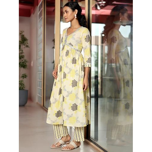 Libas Womens Printed Cotton A-Line Kurta With Trousers