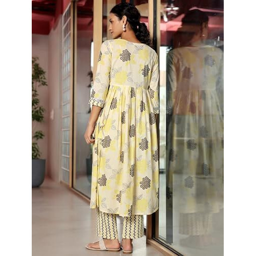 Libas Womens Printed Cotton A-Line Kurta With Trousers