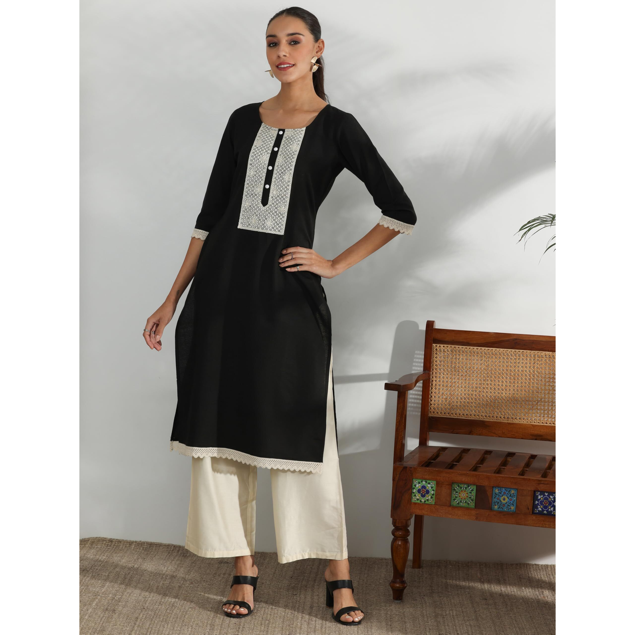 Libas Women's Cotton Ethnic Motifs Straight Kurta (37251 Black