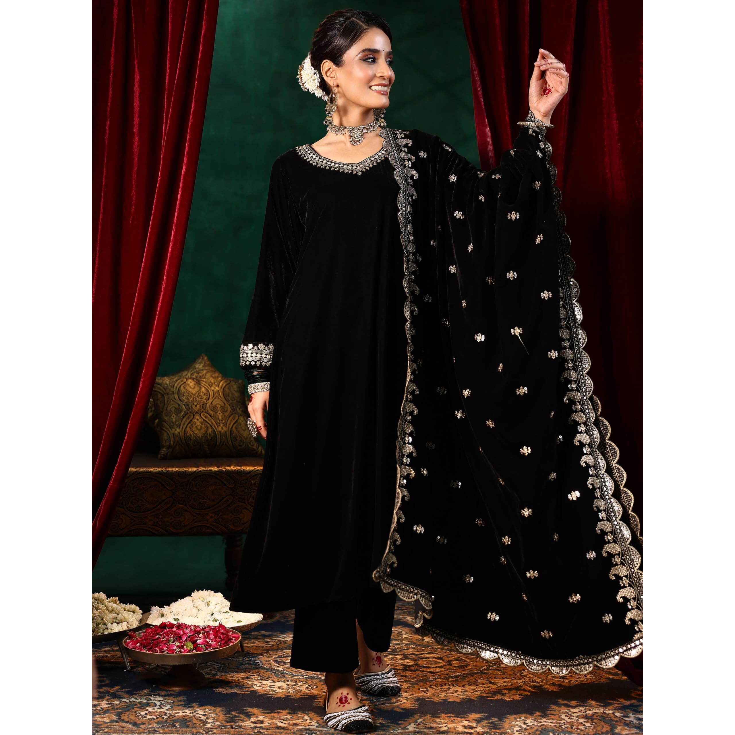 Libas Women's Velvet Kurta Set (39037_Black
