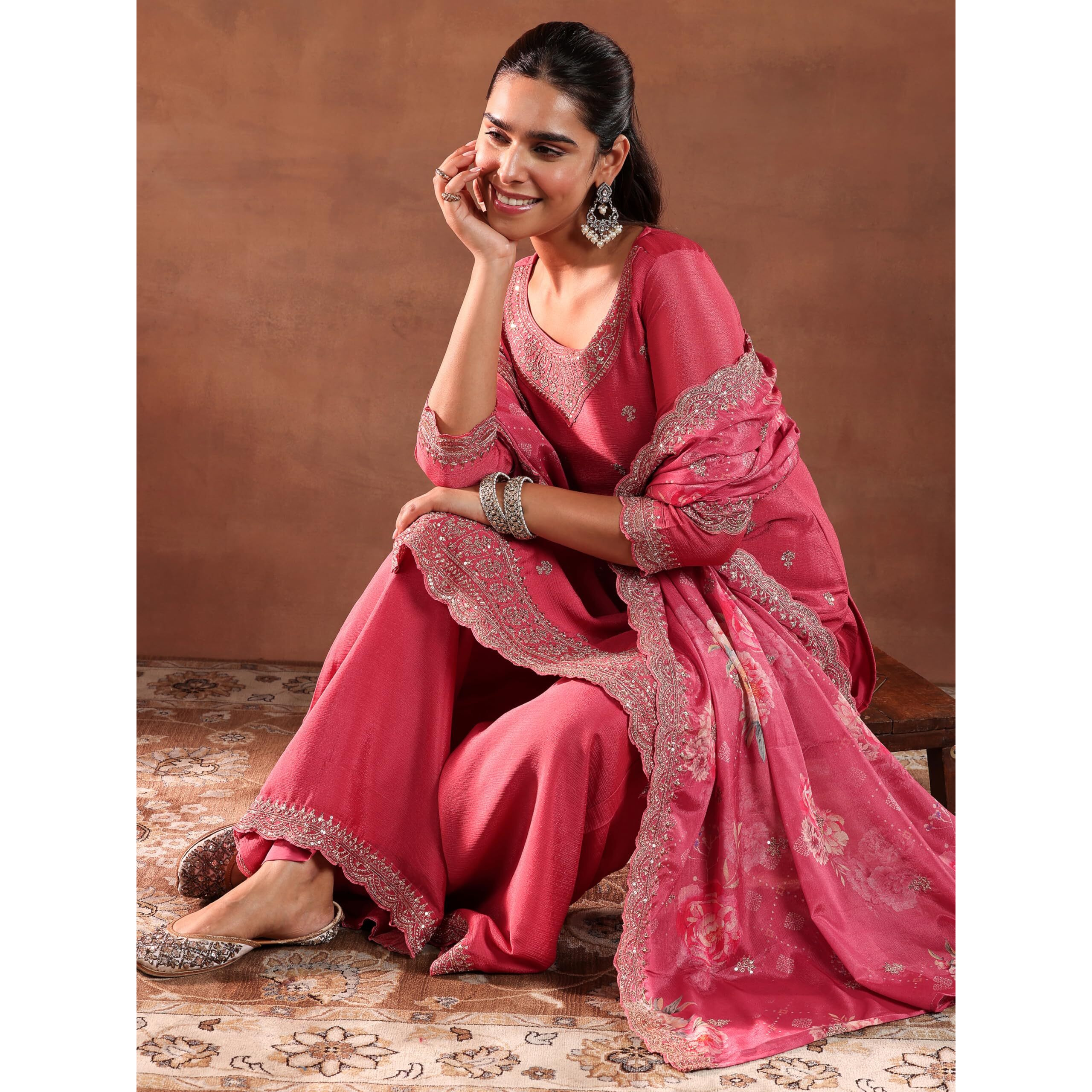 Libas Womens Embroidered Silk Blend Straight Kurta With Palazzos And Dupatta
