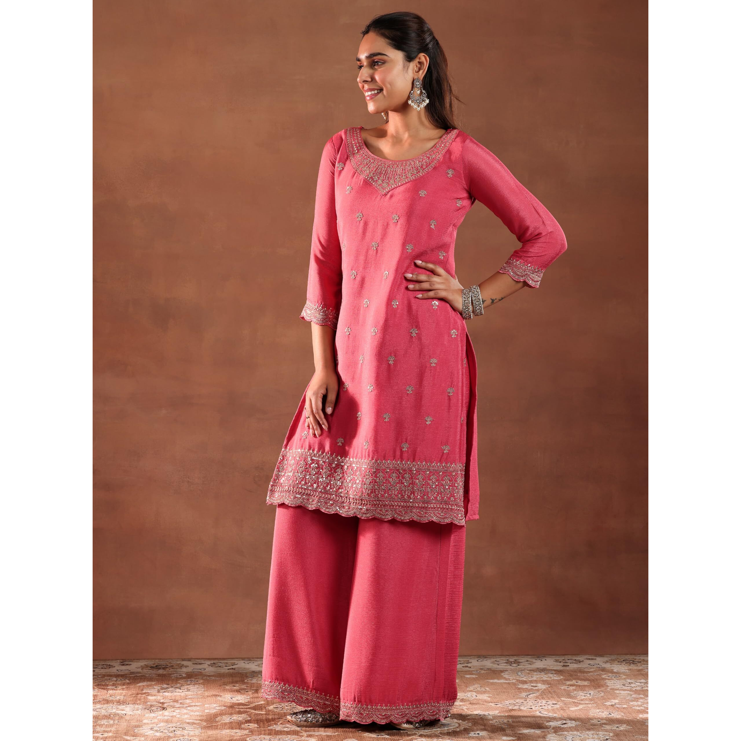 Libas Womens Embroidered Silk Blend Straight Kurta With Palazzos And Dupatta