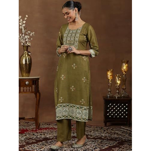 Libas Women's Silk Blend Kurta Set (49231_Brown