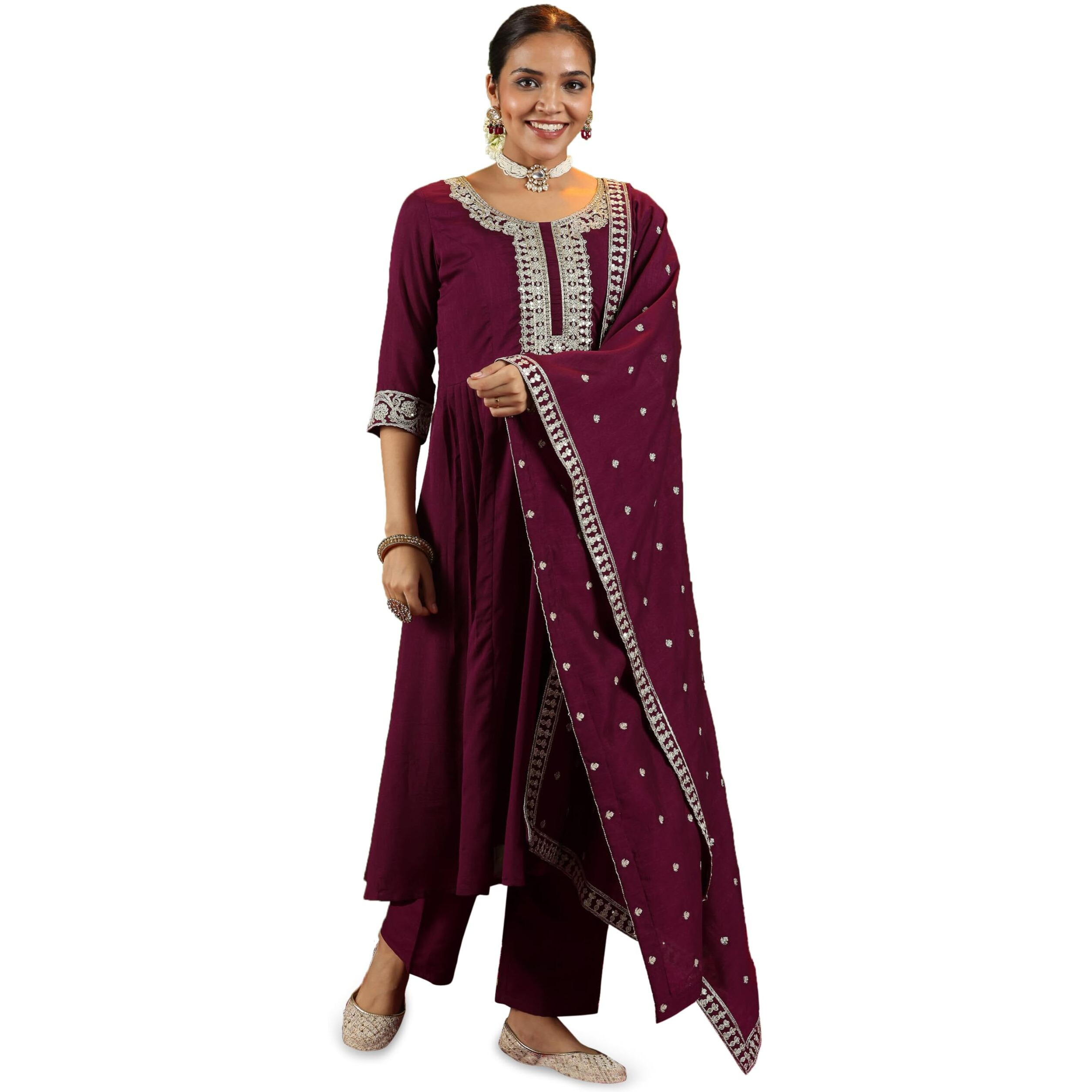 Libas Maroon Silk Blend Yoke Design Kurta Sets For Women