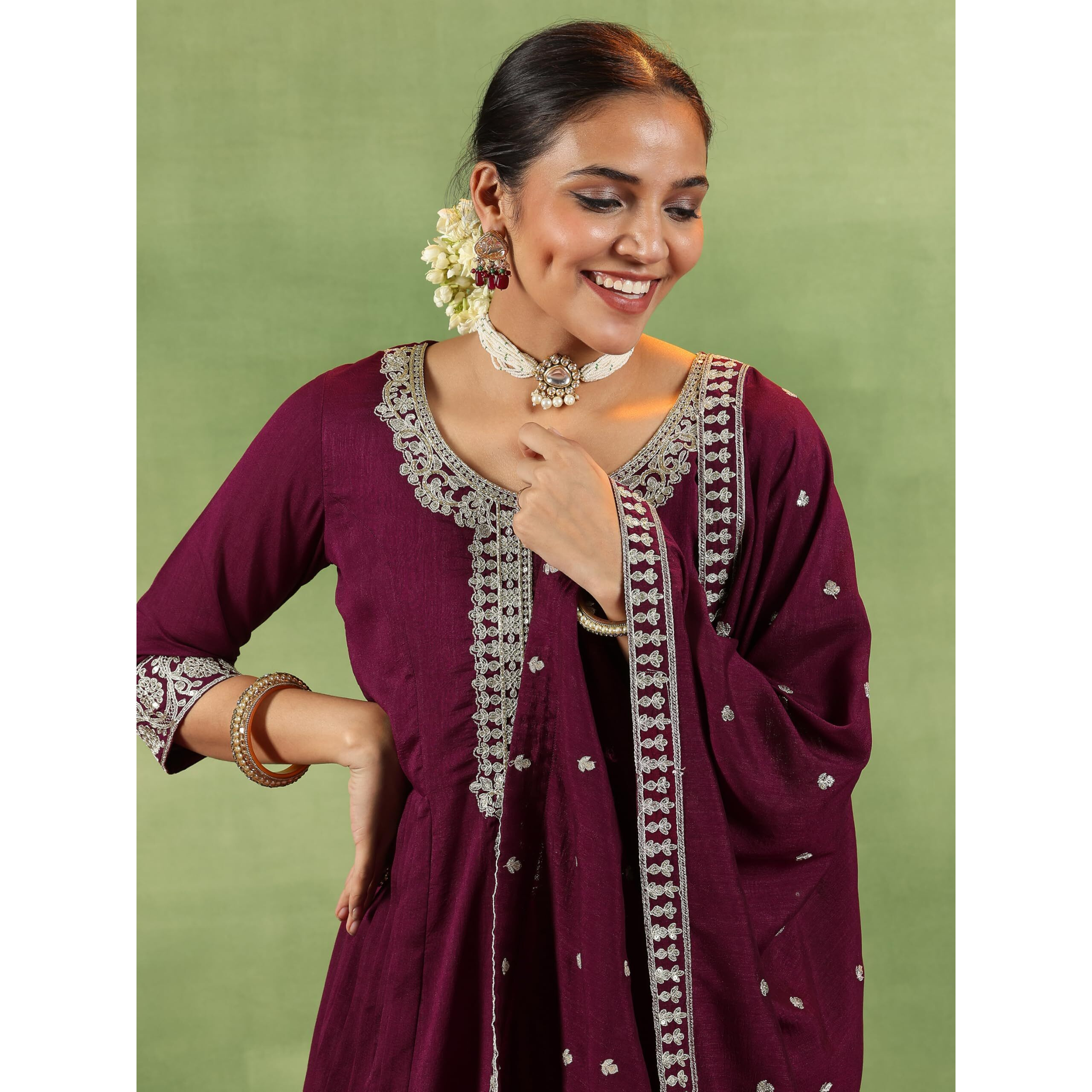 Libas Maroon Silk Blend Yoke Design Kurta Sets For Women